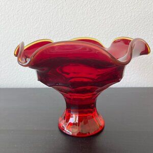 Viking Glass Georgian Ruffled Compote Bowl // Red Amberina Glass // Vintage 1970
